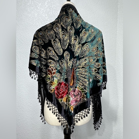 vintage rose Accessories - Vintage 100% Silk Peacock Shawl Beaded Velvet Women’s Shawl